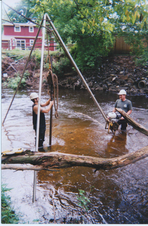 Geologic Tripod Legs Drilling in Stream